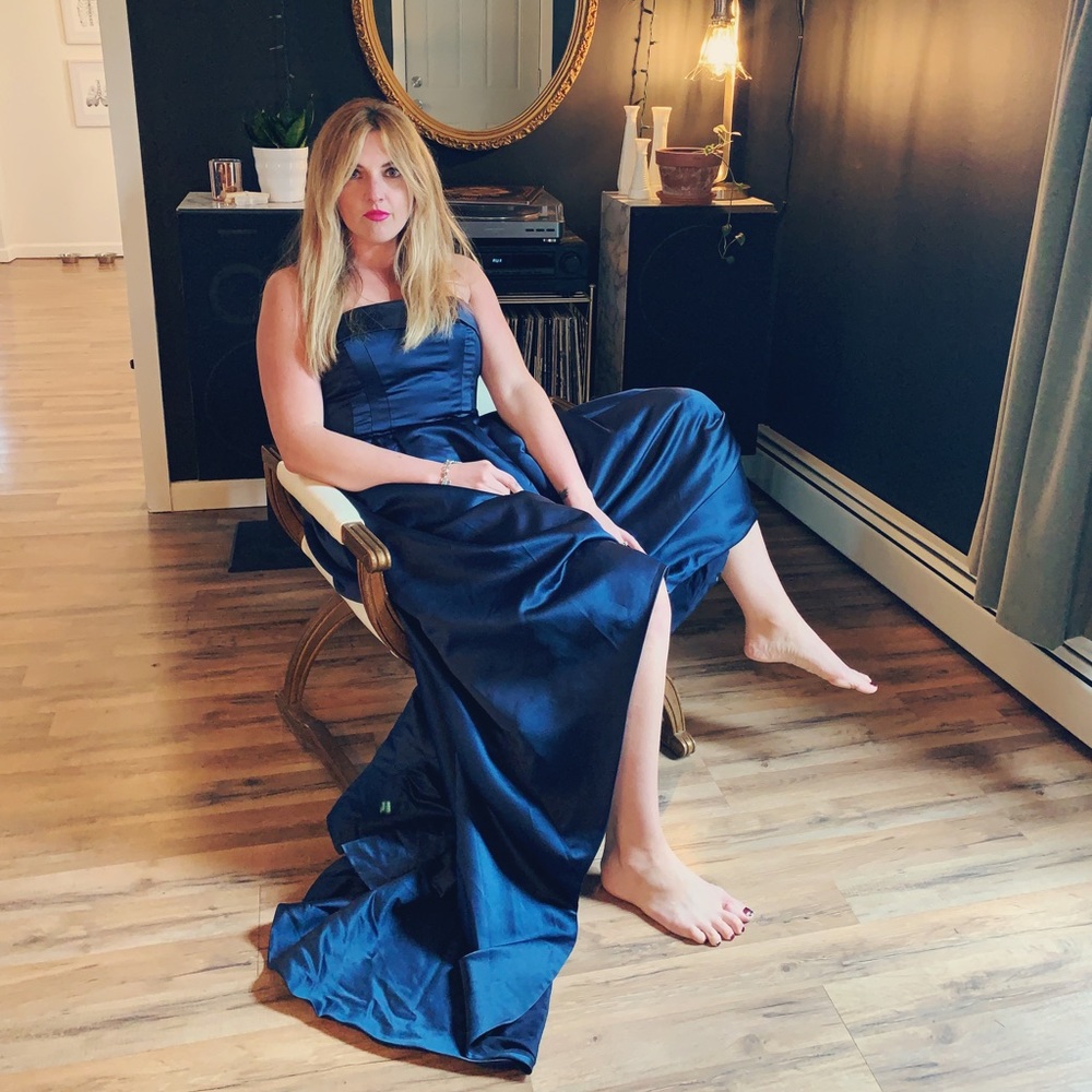 Fame and Partners Bespoke navy satin high low gown.